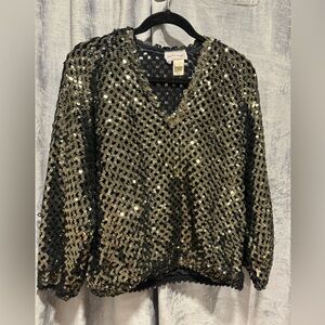 Vintage 80s Three Flaggs Black Sequin Disco Mesh Top Pullover Size L